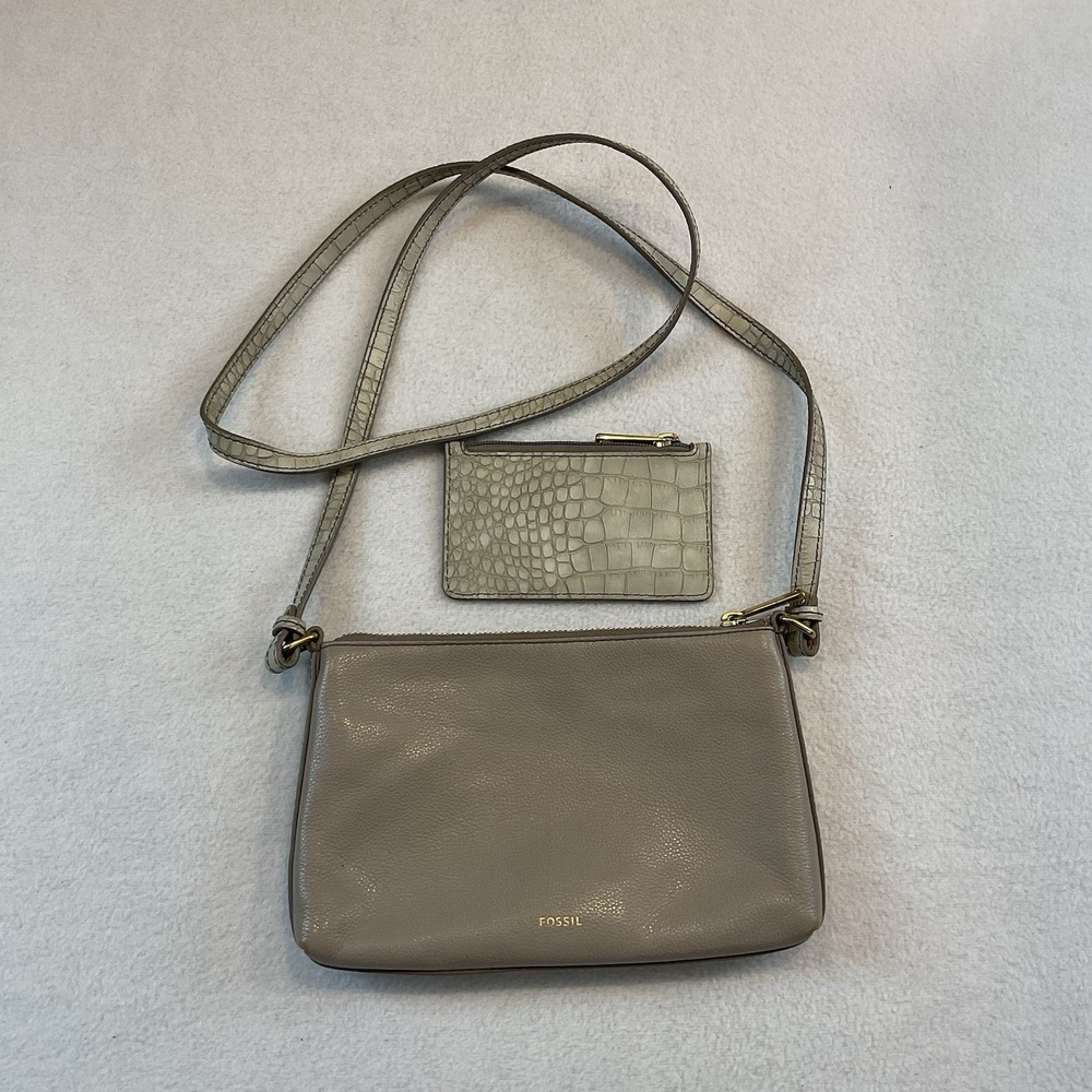 Fossil‎ Crossbody Bag Purse & ID Card Holder Beige Taupe Reptile Strap Trim